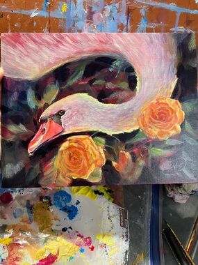 Swan original painting yellow rose garden surrealism art Artettina USA